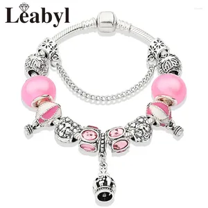 Braceletas Charm Leyl Drop Pink Cute Lindo Globos Corona Pendientes Pulsera Pulsera Color Silver Heart Bead Regalo