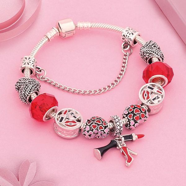 Pulseras de encanto Leabyl elegante lápiz labial rojo tacón alto corazón pulsera orejas de trigo cuentas de cristal para mujeres niña regalo encanto