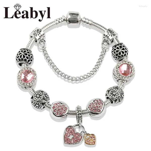 Bracelets de charme Leabyl Romantic Rose Crystal Heart Couple Couple Bracelet antique Tibetan Silver Flower Ball Perle Diy pour les femmes Gift Fashion