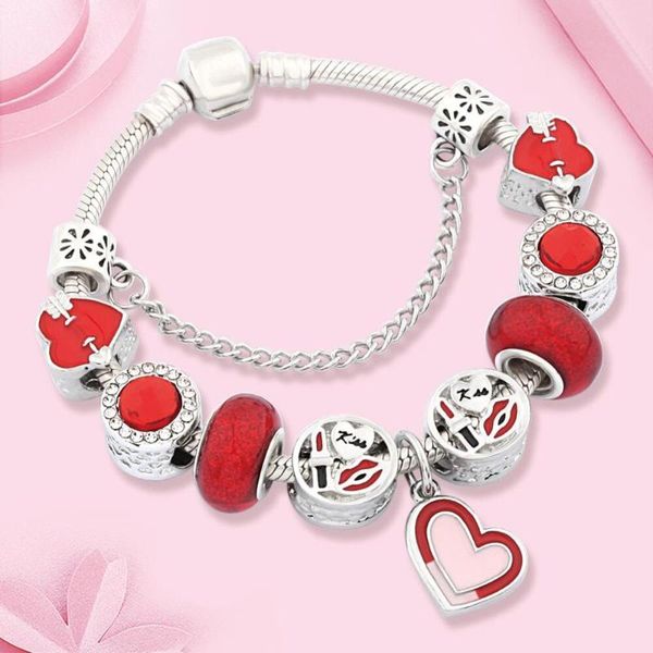 Pulseras de encanto Leabyl romántico rojo cristal corazón pulsera brazalete moda flecha lápiz labial perlas para mujeres niña regalo encanto