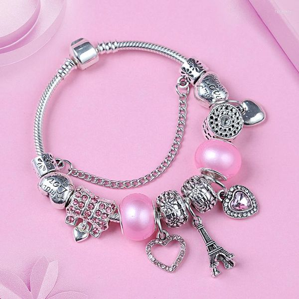 Bracelets porte-bonheur Leabyl couleur argent tour Eiffel amour pendentif Bracelet romantique rose cristal coeur perles pour la fabrication de bijoux à bricoler soi-même