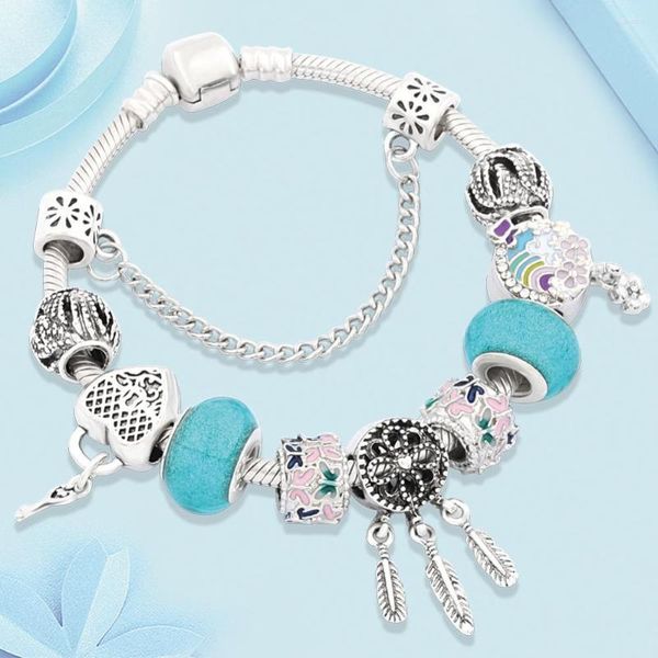 Bracelets de charme Leabyl Tibétain Silver Dream Catcher Heart Lock Pendentif Bracelet Fleur Colorée Perle Femme Bijoux DIY