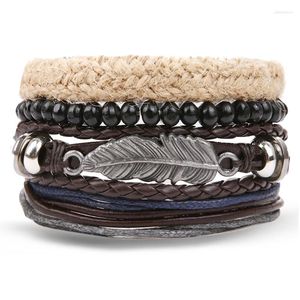 Bracelets porte-bonheur feuille plume plusieurs couches en cuir pour hommes bohème 2023 perles en bois Bracelet tressé bijoux cadeaux