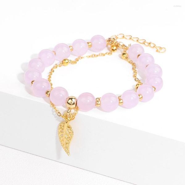 Bracelets porte-bonheur pendentif feuille pour femmes feuilles Double couche couleur or chaîne calcédoine perlée Bracelet bijoux de tempérament