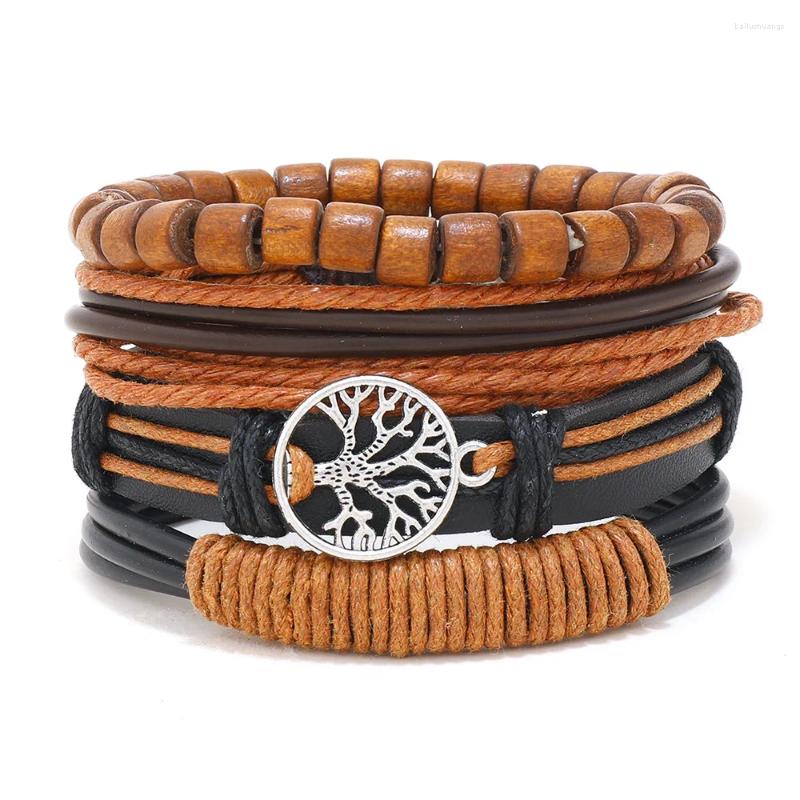 Charm Bracelets Leather Bracelet For Men Tree Of Life Multi-layer Handmade Wooden Bead Hand-woven Combination
