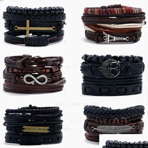 Bracelets de charme Ensemble en cuir Croyez Arbre de vie Plume Hibou Croix pour hommes Mode réglable Mtilayer Wrap Bracelet Femmes Drop Deli Dhsgx