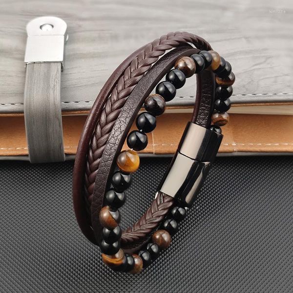 Pulseras con dijes LESIAUO 6MM Medias amarillas naturales Ojo Piedra Hombres Pulsera Cuero genuino Hebilla magnética Brazalete Joyería masculina Regalos de navidad