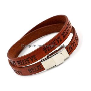 Bedelarmbanden letter geloof lederen armband roestvrijstalen gesp gef mtilayer wrap bangle manchet vrouwen mannen mode sieraden wil en sa dhg18