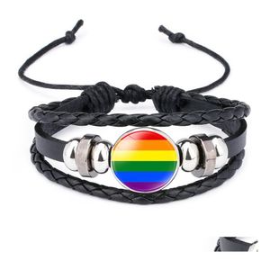 Bracelets de charme LGBT Gay Pride Bracelet en cuir pour femmes hommes arc-en-ciel verre cabochon tressé corde bracelet bracelet mode jewe Dhfqa