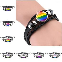 Bracelets porte-bonheur Bracelet en cuir LGBT Gay Pride arc-en-ciel verre bouton pression fait main tressé PU bijoux bisexuels lesbiennes