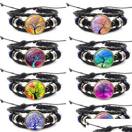 Bedelarmbanden Life Of Tree Howling Handgemaakte Glazen Cabochon Geweven Leren Armbanden Mens Black Cool Punk Animal Bracelet Diy Sieraden Dhbtd