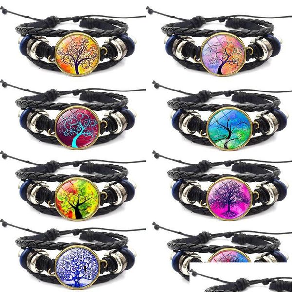 Braccialetti con ciondoli Life Of Tree Howling Fatti a mano in vetro cabochon Braccialetti in pelle intrecciata Mens Black Cool Punk Animal Bracciale Gioielli fai da te Dhbtd