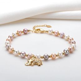 Pulseras con dijes Lnngy 14K Pulsera llena de oro 4.5-6.5mm Natural de agua dulce Perla ovalada Encantador elefante Charm Pulsera Mujer Joyería Gota 231218