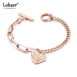 Pulseras con dijes Lokaer moda hermosa amor lindo alas de ángel corazón de acero inoxidable color oro rosa pulsera joyería B18102