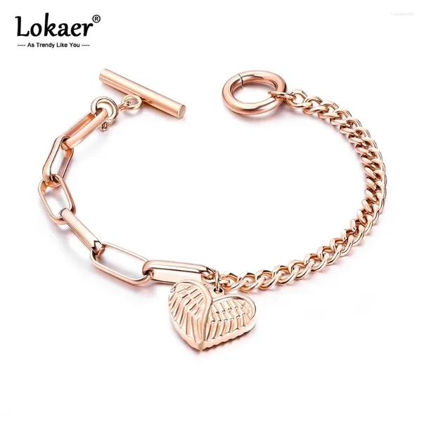 Bracelets de charme Lokaer Mode Belle Mignon Amour Ailes D'ange En Acier Inoxydable Coeur Rose Or Couleur Bracelet Bijoux B18102