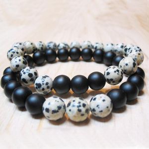 Pulseras con dijes Pulsera de relación de larga distancia Conjunto de 2 Piedra dálmata Mate Negro Onyx Muñeca con cuentas Pareja a juego