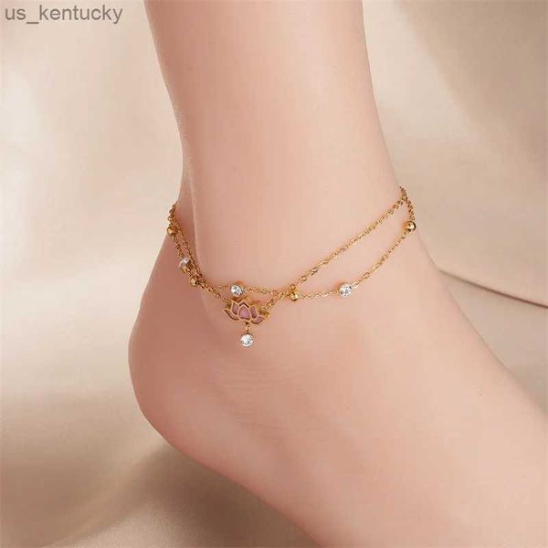 Pulseras con dijes Lotus Drop Oil Nueva pulsera de circón de acero y cadena de pie Doble uso de joyería de estilo creativo para mujer Planta de regalo R231107