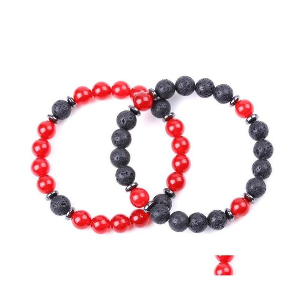 Bracelets de charme Amant Bouddha Rouge Gris Pierre Bracelet À La Main 8mm Perles De Lave Été Hommes Femmes Bijoux Cadeau Drop Livraison Dhzcw