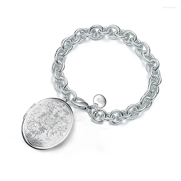 Bracelets de charme Prix bas 925 Sterling Argent Chunky Chaîne Fleur Po Médaillon Bracelet Pour La Mémoire De L'amant Cadeau De La Saint-Valentin