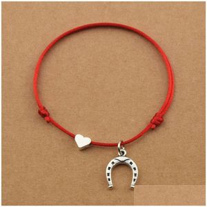 Charm Bracelets Lucky Horseshoe Pendant Red Cord String Heart Para Mujeres Hombres Joyería Amante Pareja Regalos Drop Delivery Dhxs7