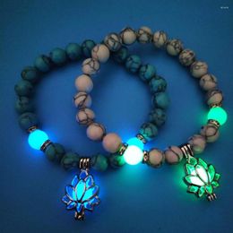 Pulseras con dijes Luminoso que brilla en la luna oscura Pulsera en forma de flor de loto para mujeres Yoga Oración Budismo Joyería con piedras naturales