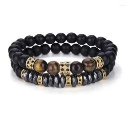 Bracelets de charme Luxury 2pcs / set Men Bracelet Zircon Black Onyx Stone Perles
