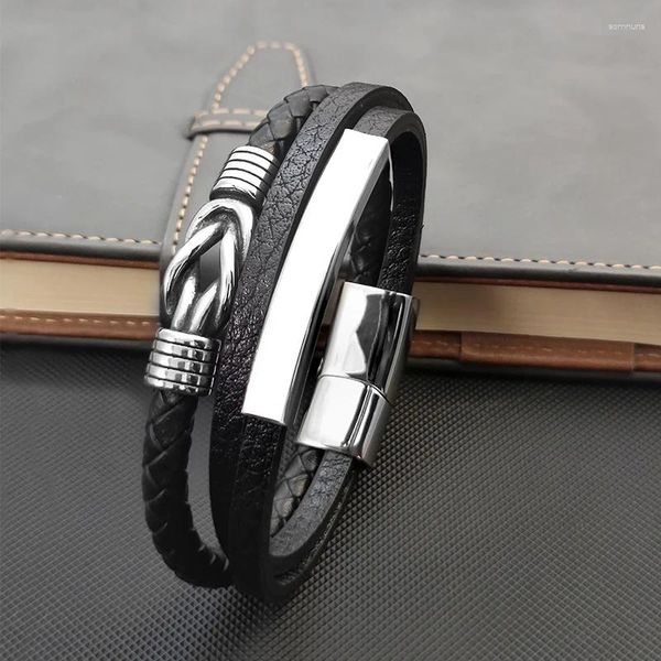 Bracelets de charme Bracelet en cuir multicouche pour hommes classiques de luxe conception d'enroulement Punk en acier inoxydable fermoir magnétique Bracelet bijoux masculins cadeaux