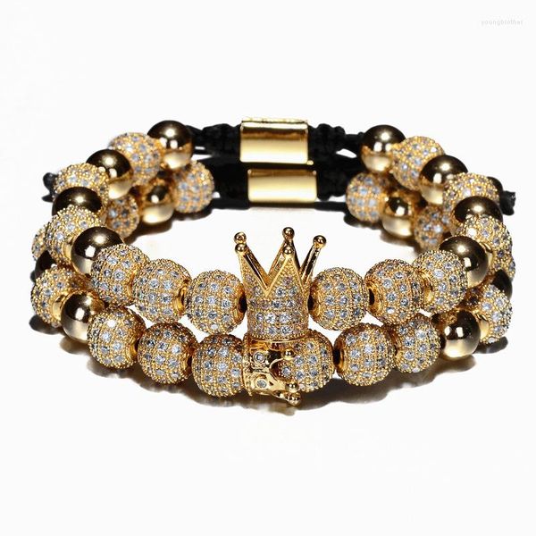 Bracelets porte-bonheur couronne de luxe hommes 8mm Micro pavé CZ rond tressé macramé Pulseira Feminina bijoux faits à la main femmes cadeau