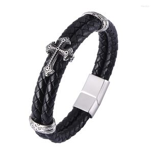 Bedelarmbanden luxe dubbele laag kruisontwerp roestvrij staal mannen lederen armband multicolor kies knappe heren kerstcadeaus