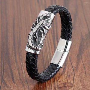 Bracelets porte-bonheur bijoux de luxe Bracelet en cuir véritable en acier inoxydable Twining Style classique avancé noir de haute qualité pour la vente en gros