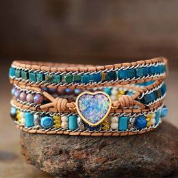 Charm Armbanden Luxe Lederen Wrap Bling Blauw Hart Opaal Jaspers 3 Strengen Verklaring Armband Handgemaakte Boheemse Sieraden Bijoux 230801