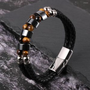 Bracelets porte-bonheur luxe hommes 2 couches cuir de vachette manchette bijoux boucle en acier inoxydable carte naturelle pierre hématite perles bracelet