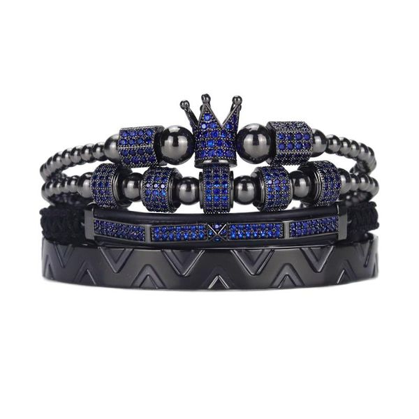 Bracelets porte-bonheur luxe hommes Royal roi couronne Bracelet ensemble perles en acier inoxydable bleu fantôme CZ balle bracelets pour bijoux