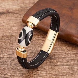 Bracelets porte-bonheur bijoux de luxe pour hommes perles de pierre ovale naturelle Bracelet en cuir tressé noir corde en acier inoxydable fermoir magnétique pour homme
