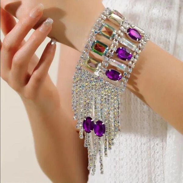 Pulseras de encanto de lujo Rhinestone Crystal Purple Oval Colgante Largo con flecos Pulsera de mano Pulsera Cadena Brazalete Joyería de boda para mujeres