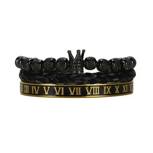 Bracelets porte-bonheur luxe Roayl roi couronne Bracelet ensemble corde manchette chiffres romains noirs perles en acier inoxydable bracelets pour hommes bijoux charme