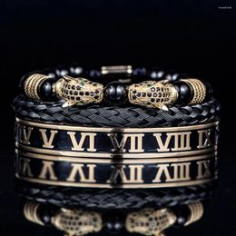 Bracelets porte-bonheur ensemble de luxe hommes Double tête de léopard à la main émail chiffres romains bracelets corde boucle pierre perles bijoux goutte