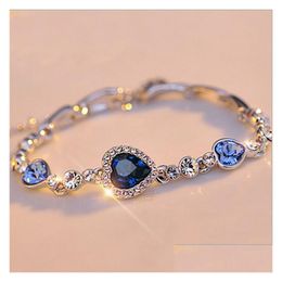 Bracelets de charme Bracelet de diamant scintillant de luxe classique coeur de l'océan romantique 925 argent amour aigue-marine bijoux de mariée 22 cm goutte Dhxrh
