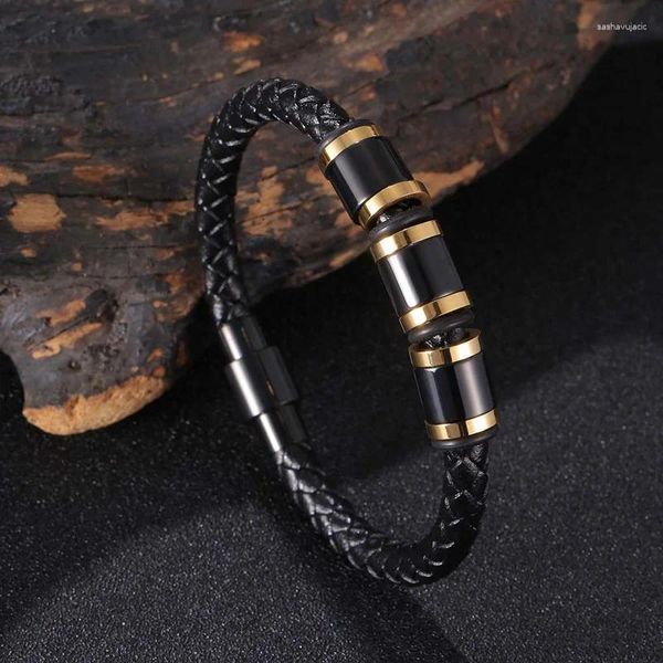 Pulseras con dijes Pulsera de cordón de cuero trenzado negro de acero inoxidable de lujo Joyería para hombres Brazaletes masculinos de moda para regalo de novio