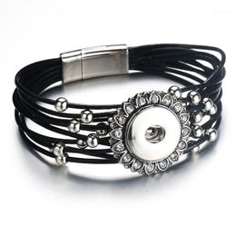 Bedelarmbanden magneet buckle zwarte strass snap armband echt echt lederen fit 18 mm knop voor dames sieraden 91291