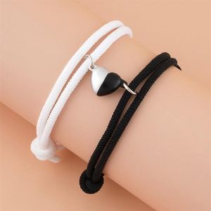 Charm Armbanden Magnetische Armband Roestvrij Staal Hart Hanger 2 Stuks Set Paar Voor Minnaar Vriend Mannen Vrouwen Gevlochten Touw2328