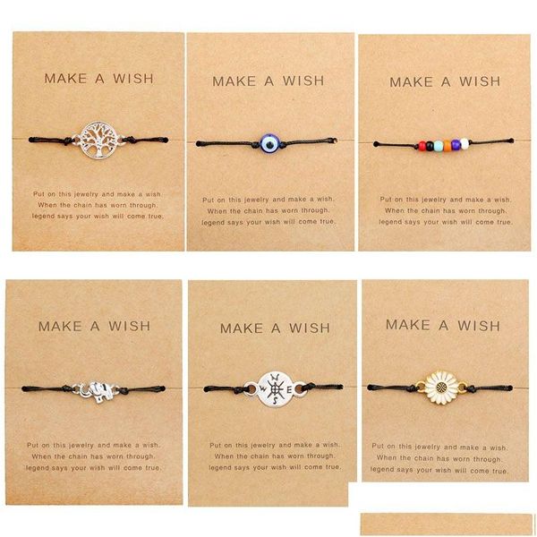 Pulseras con dijes Pide un deseo Tarjeta de papel Pulsera ajustable Tortuga Elefante Árbol Mapa Flor Hecho a mano Tejido Simple Moda Mujer Joya Dhs83