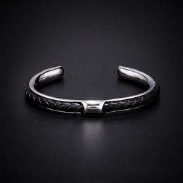 Bedelarmbanden mannelijke hand geweven lederen armband zwarte hoogwaardige metalen roestvrijstalen armbanden voor heren polsband cadeau