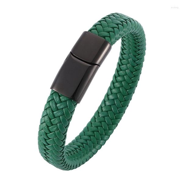 Bracelets porte-bonheur bijoux masculins Bracelet en cuir tressé vert hommes fermoir magnétique en acier inoxydable Bracelets de mode homme accessoires SP0016