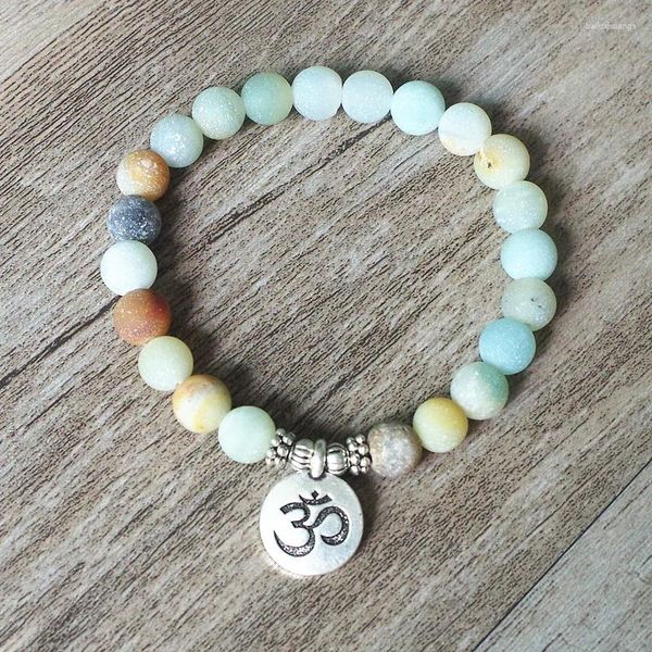 Pulseras de encanto Mate Amazonita Piedra Strand Pulsera Yoga Chakra Mala OHM Lotus Mujeres Hombres Con cuentas Joyería hecha a mano