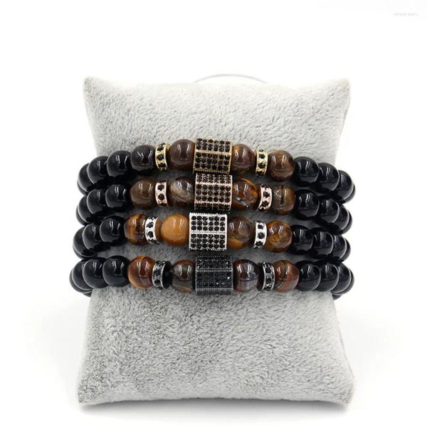 Bracelets de charme Bracelet en pierre d'onyx mat pour hommes Tiger Eye Combinaison Couture avec Zircon cubique Bijoux à la main Perles Élastique Stretch