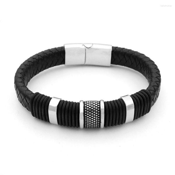 Bracelets de charme Hommes 12mm de large noir tressé bracelet en cuir véritable en acier inoxydable oblate perle européenne avec fermoir aimant fort