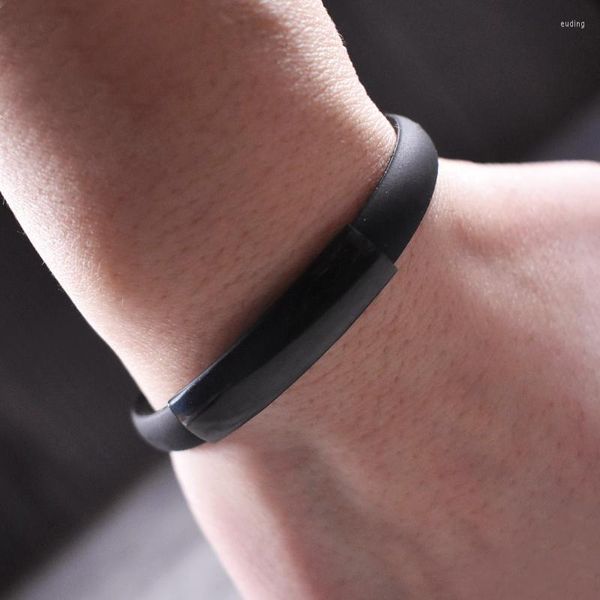 Pulseras con abalorios, pulsera de silicona negra de acero inoxidable para hombre, hebilla plegable de Metal, regalo de joyería de tendencia a la moda, venta al por mayor