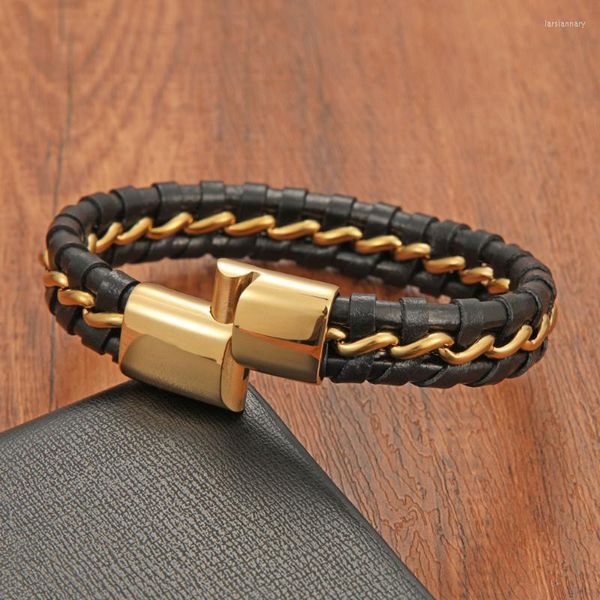 Bracelets porte-bonheur Bracelet en acier tressé à maillons en cuir véritable pour hommes avec fermeture magnétique Accessoires Bijoux Couple Bracelets GiftCha