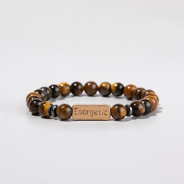 Pulseras con abalorios Pulsera de cuentas de piedra de ojo de tigre para hombre Lettrt Brazaletes de abalorios energéticos Placa cuadrada de equilibrio curativo de roca de lava natural